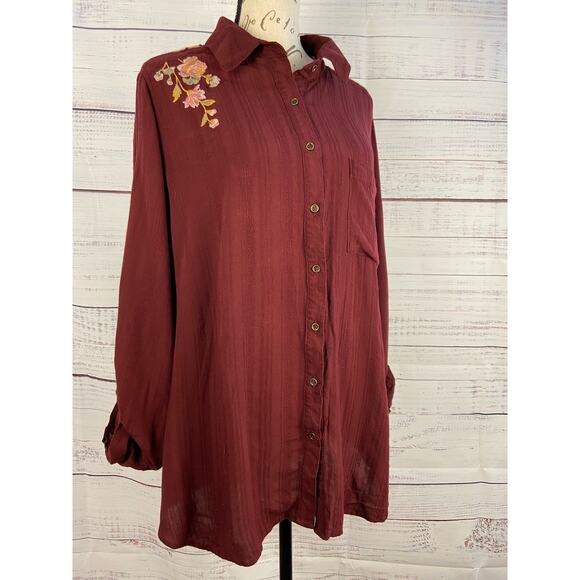 Knox Rose Button Front Shirt Womens XXL Embroidery Collar Roll Tab Linen Blend - Picture 1 of 12